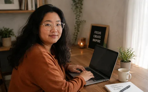 A blogger writing at a laptop