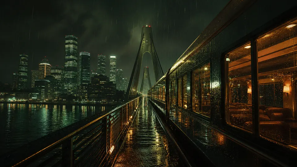 A night train crossing a city bridge in the rain