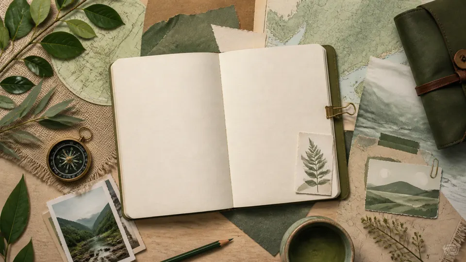 An open notebook arranged with maps and travel objects