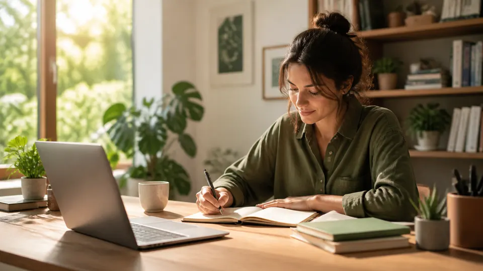 A writer working beside a laptop in a warm study